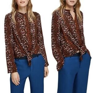 Scotch & Soda Womens Leopard Animal Print Blouse Med Tie Front Button Down